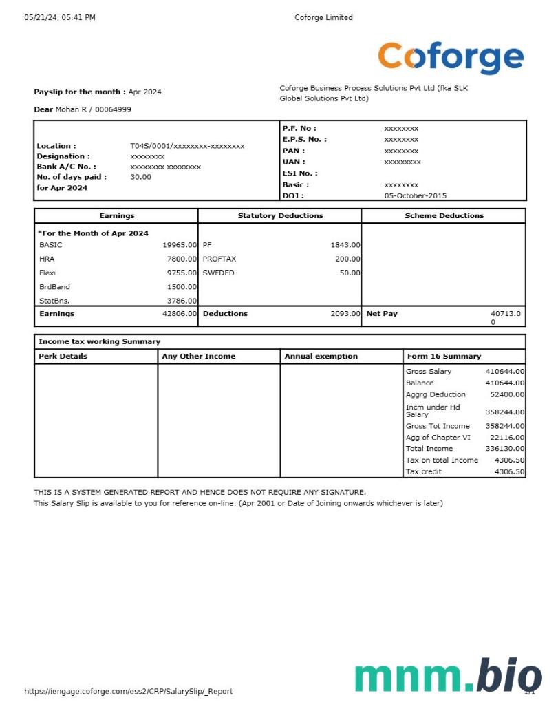 Coforge it compay payslip szablon w formatach Word i PDF